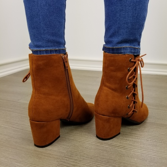 Brown Faux Suede Ankle Booties Side Laced Up - Picture 3 of 8